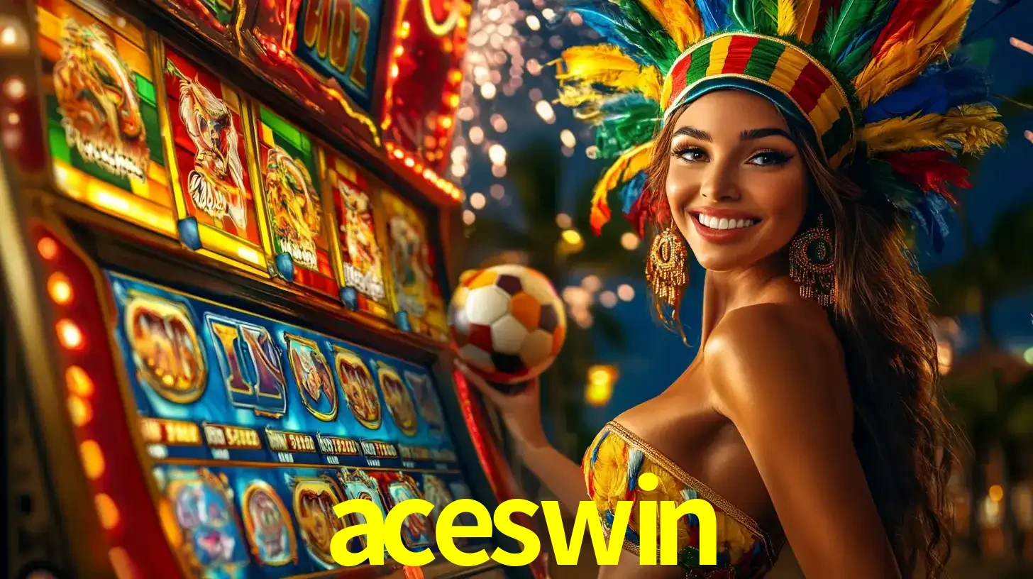 Mulher com um cocar de carnaval ao lado de uma máquina de caça-níqueis enquanto segura uma bola de futebol, mostrando a união da diversão de cassino e esportes no aceswin.