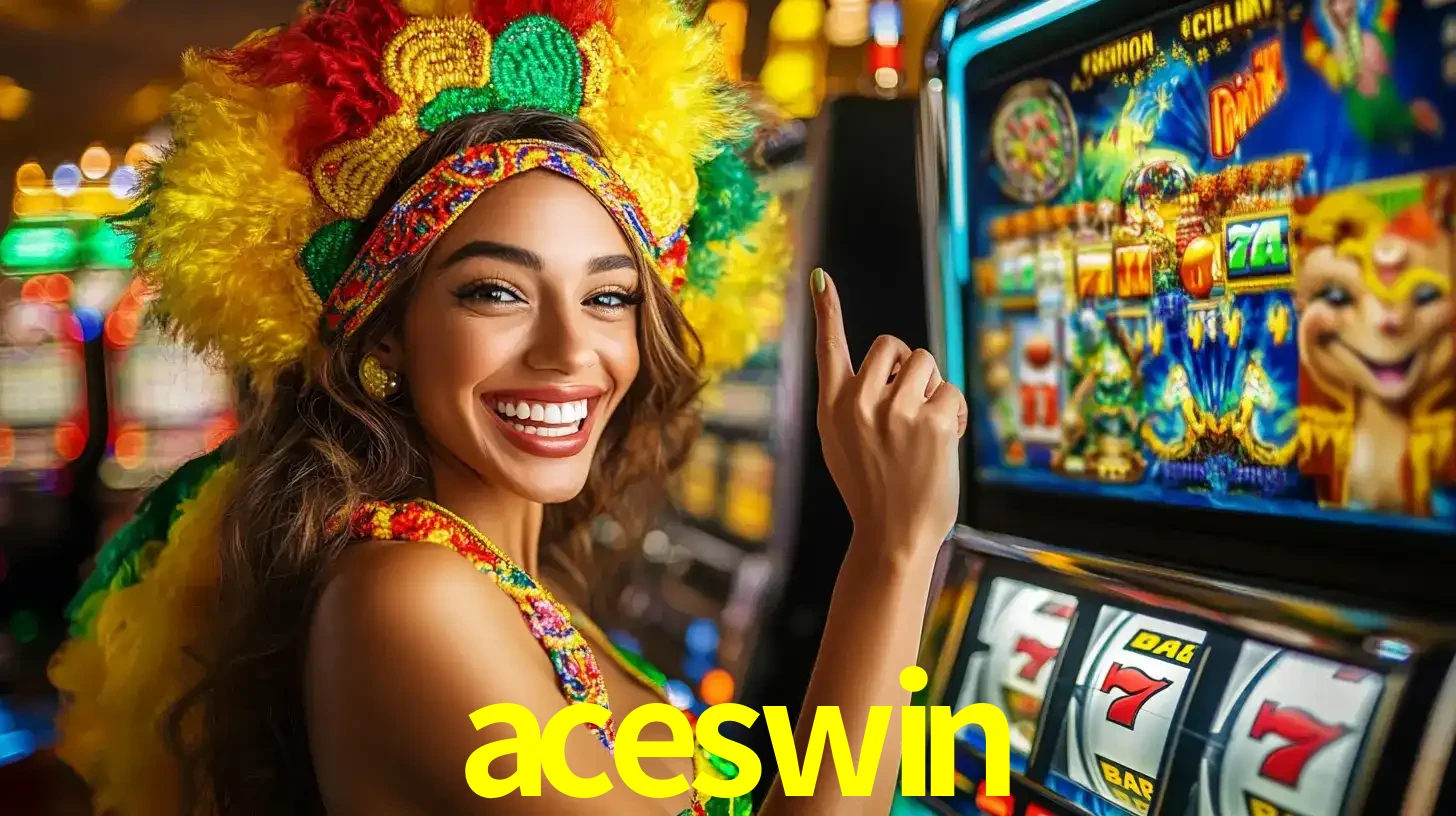 Mulher animada com um cocar de carnaval apontando para uma máquina de caça-níqueis, mostrando a emoção de ganhar um grande prêmio nos jogos do aceswin.