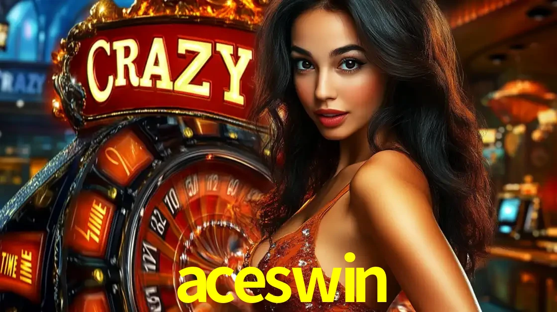 Mulher glamourosa olhando para a câmera com a roda vermelha do Crazy Time ao fundo em um ambiente de cassino, destacando a emoção dos jogos ao vivo no aceswin.