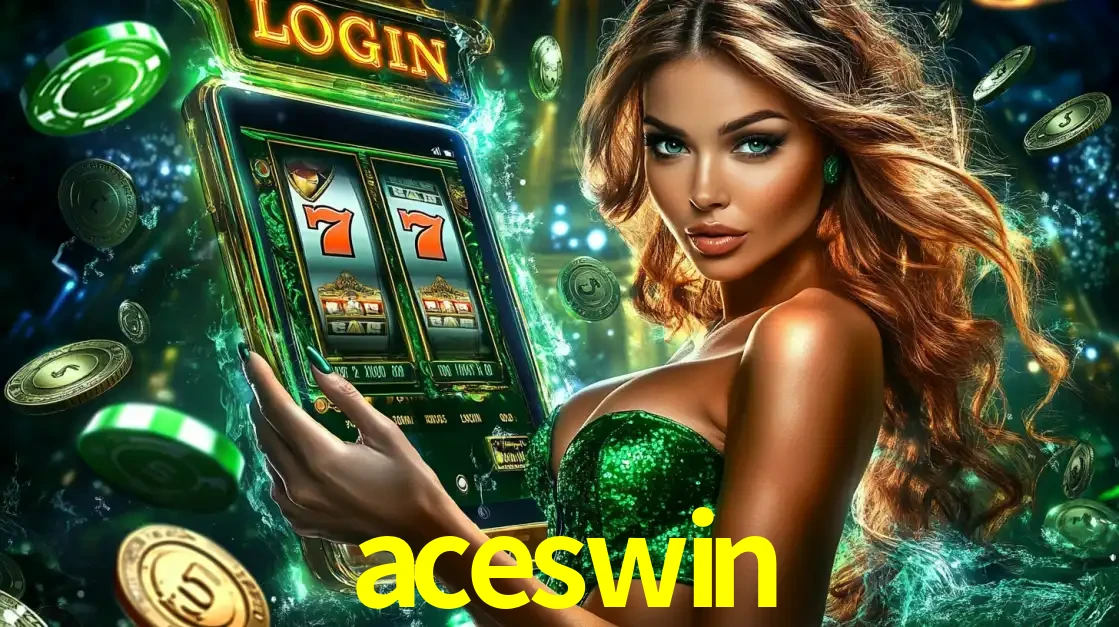 Mulher com tema verde apresentando o aplicativo do cassino aceswin com um jogo de slot de 777, cercada por fichas de cassino e uma aura de sorte.