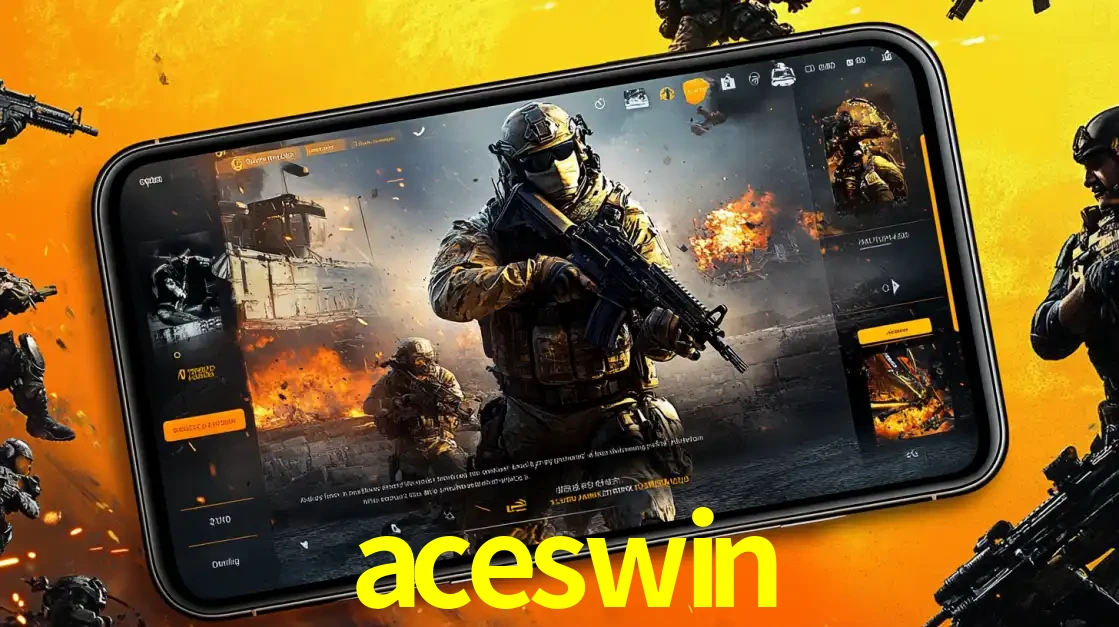 Um smartphone exibindo a interface de um jogo de tiro em primeira pessoa, com um soldado em um cenário de batalha, representando a ação dos e-sports para apostar no aceswin.