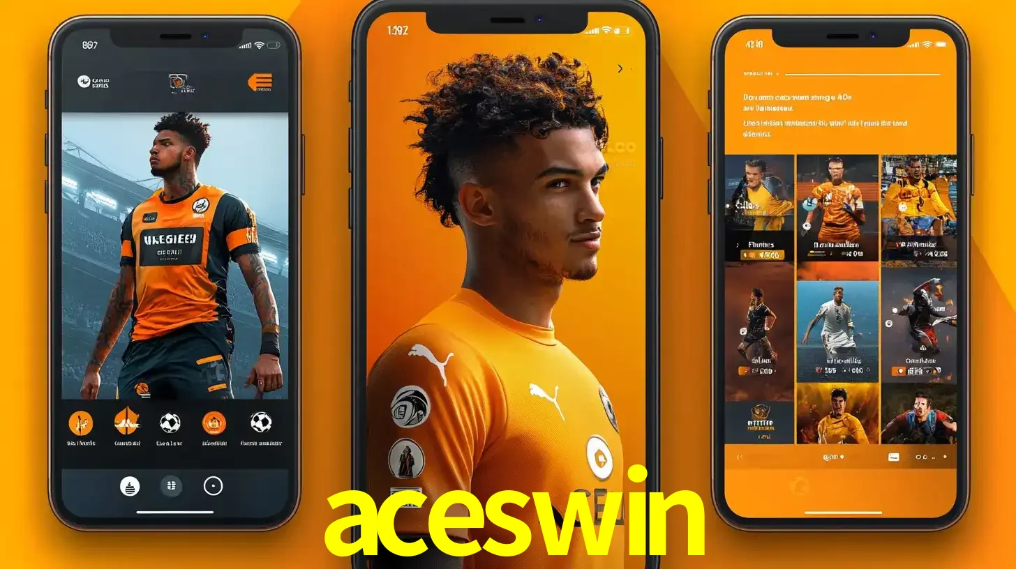 Interface do aplicativo de apostas esportivas aceswin em três telas de celular, mostrando o perfil de um jogador de futebol e a lista de jogos disponíveis para apostar.