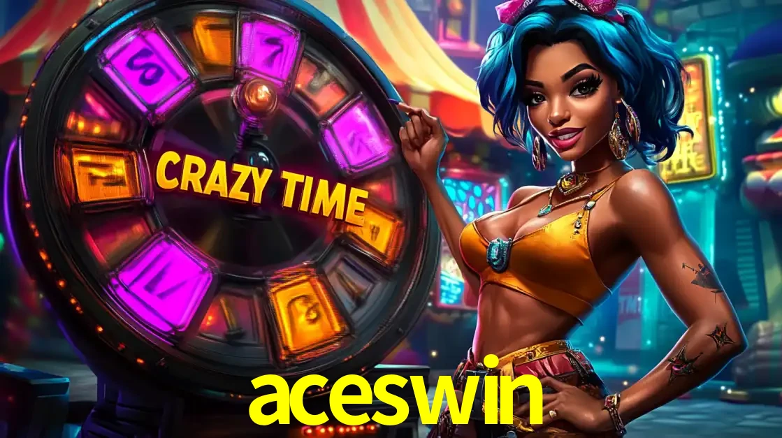 Mulher estilizada com cabelo azul e visual vibrante posando ao lado da roda de prêmios do game show Crazy Time, convidando para a diversão e os bônus do cassino aceswin.