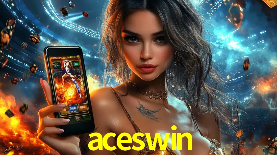Mulher segurando um celular com um jogo de slot em destaque, tendo como fundo um estádio vibrante, simbolizando a emoção de jogar no cassino móvel aceswin.