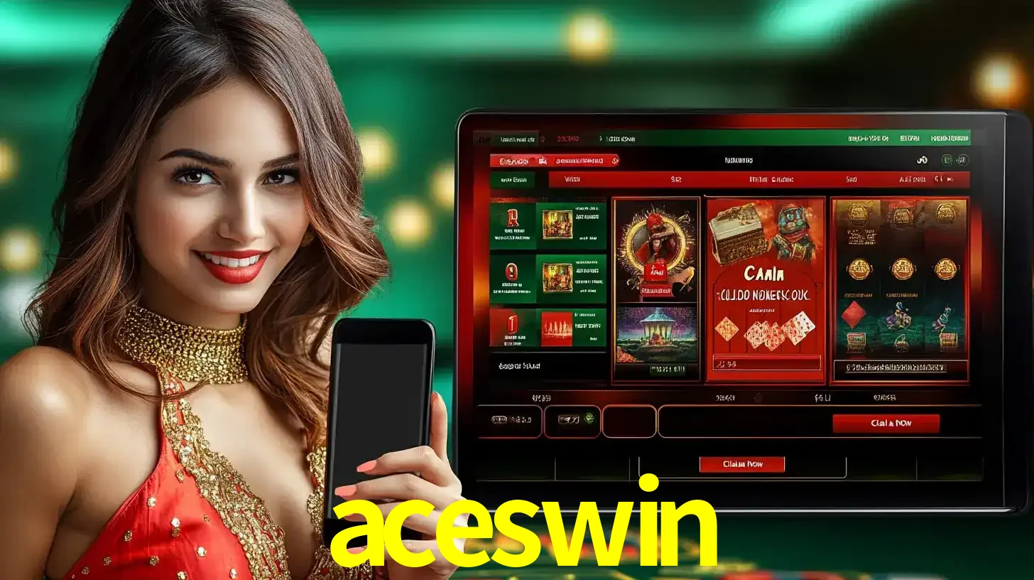 Mulher sorridente segurando um smartphone, ao lado de uma tela exibindo o lobby de jogos do cassino online aceswin, com várias opções de jogos de cartas e slots.
